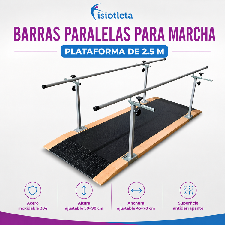 Barras Paralelas para Marcha con Plataforma Antiderrapante de 2.5 m | Acero Inoxidable Ajustable