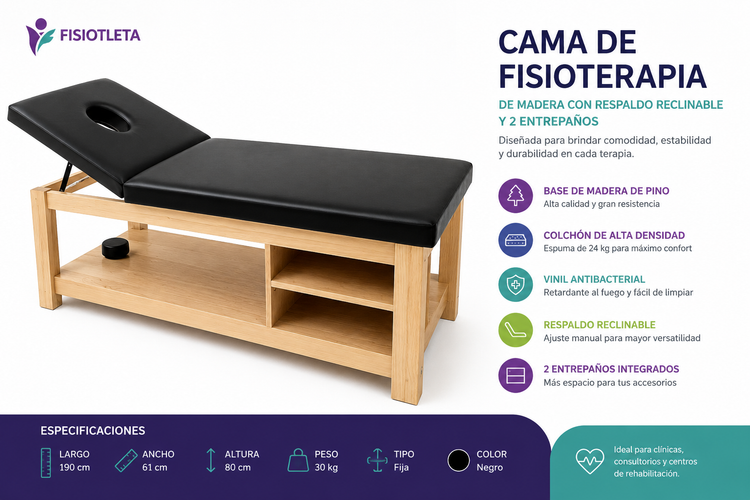 Cama de Fisioterapia de Madera con Respaldo Reclinable y 2 Entrepaños | 190 x 61 x 80 cm