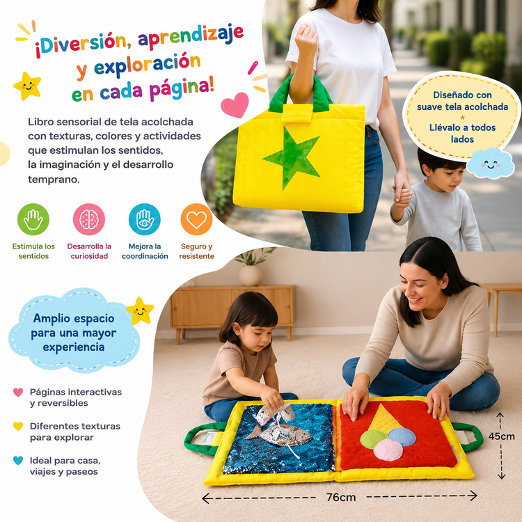 Libro Blando Sensorial Portafolio de Texturas con Figuras Portafolio con cuento Interactivo y Sensorial 💜📚✨