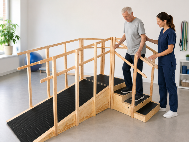 Rampa Terapéutica con Escalones y Pasamanos para Entrenamiento de Marcha