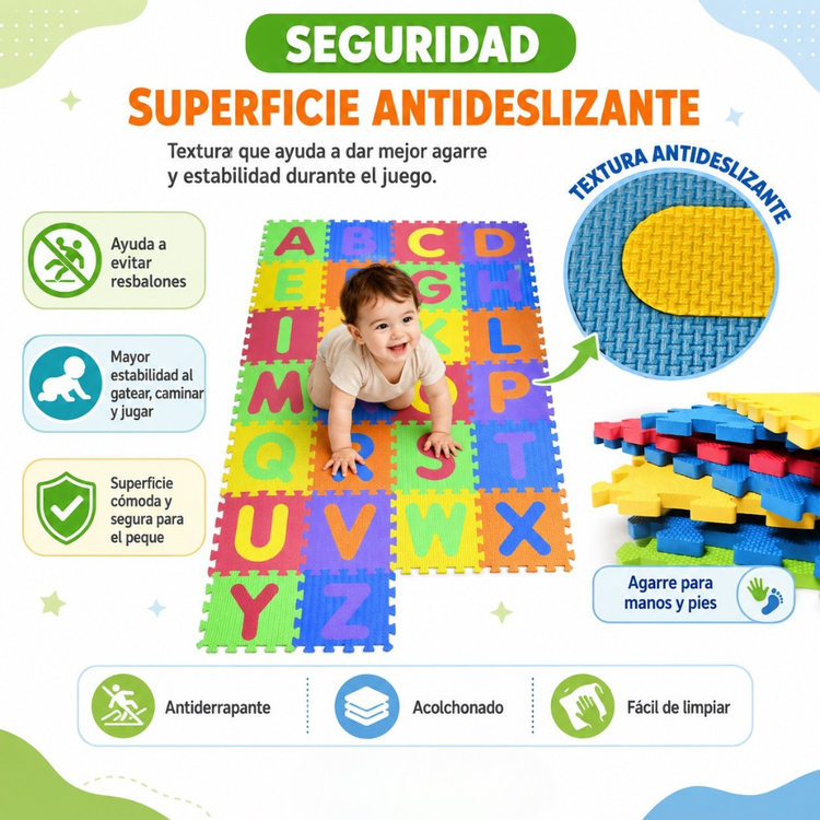 Tapete Infantil Didáctico de Foami EVA con Abecedario 26 Piezas Encastrables de 30 × 30 cm, Antideslizante y Acolchado