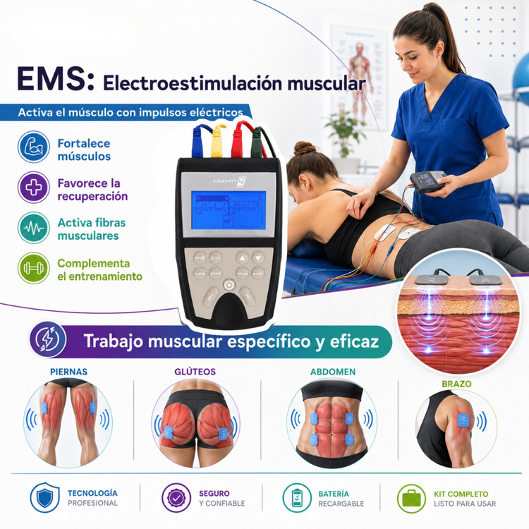 MYOFIT 4 + COMPRESA ELÉCTRICA + GUANTE DE ELECTROESTIMULACIÓN. ELECTROESTIMULADOR CON REGALOS ¡GRATIS!
