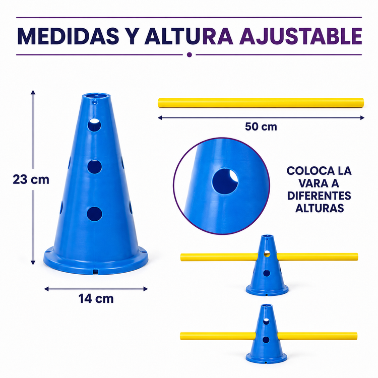 Kit de Conos De Obstáculos Cavaletti con Varas Extensibles para Fisioterapia y Agilidad
