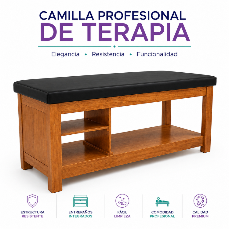 Camilla de Madera para Fisioterapia con 2 Entrepaños y Careta