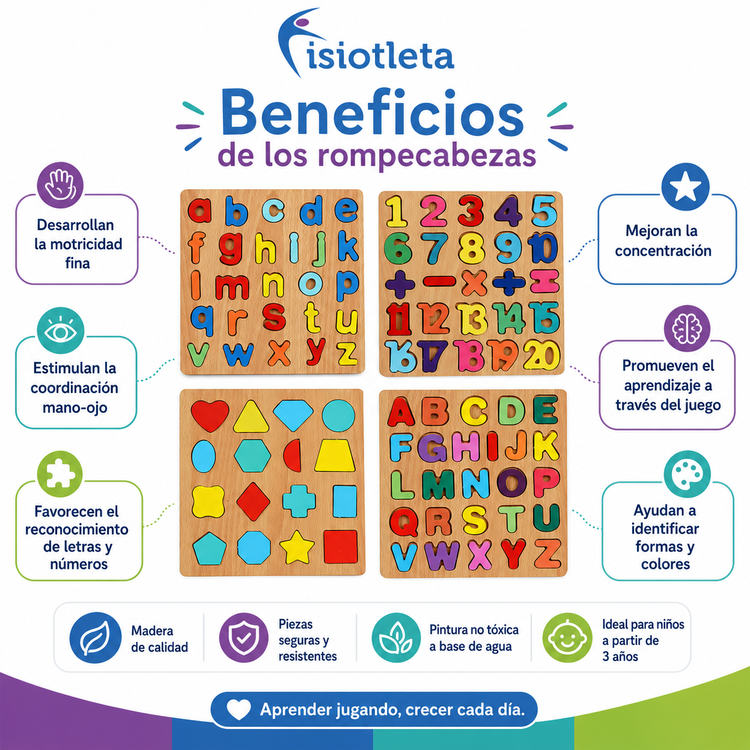 Rompecabezas Educativos de Madera Letras, Números y Figuras
