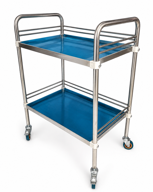 Mesa Pasteur Auxiliar para Consultorio de Acero Inoxidable con 2 Repisas, 4 Ruedas y 2 Frenos