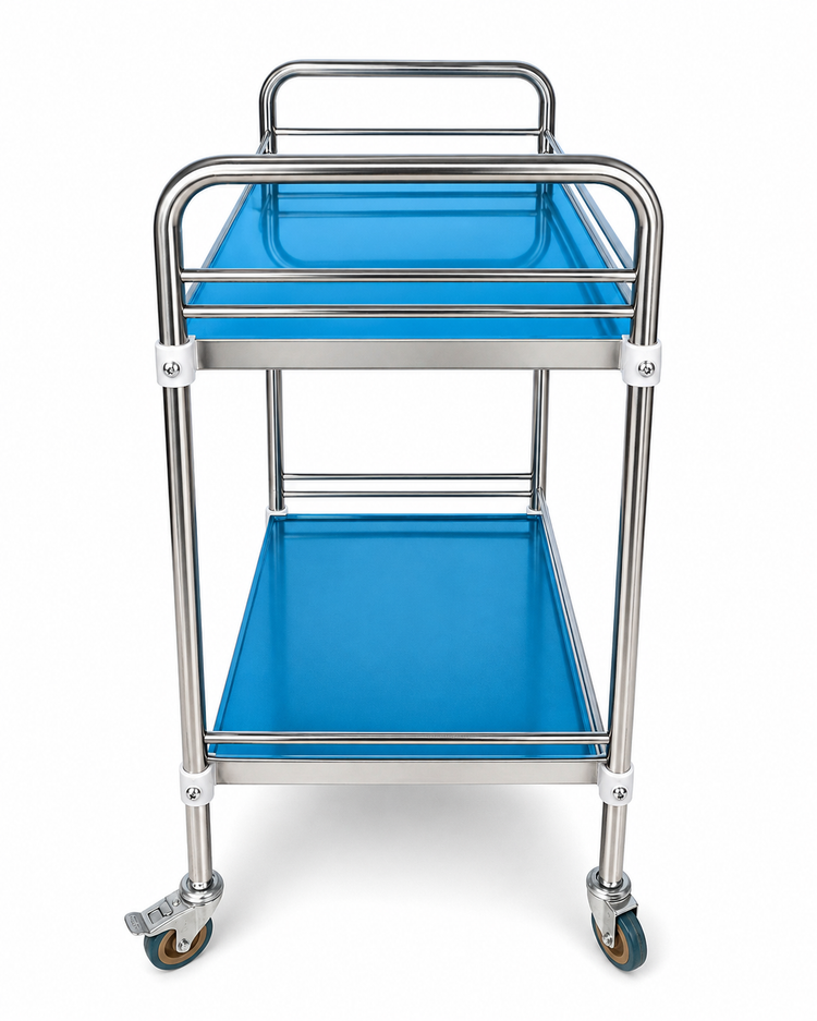 Mesa Pasteur Auxiliar para Consultorio de Acero Inoxidable con 2 Repisas, 4 Ruedas y 2 Frenos