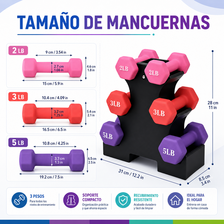 Set Pesas Mancuernas 20lb Vinil Con Rack Soporte para entrenamiento GYM en casa