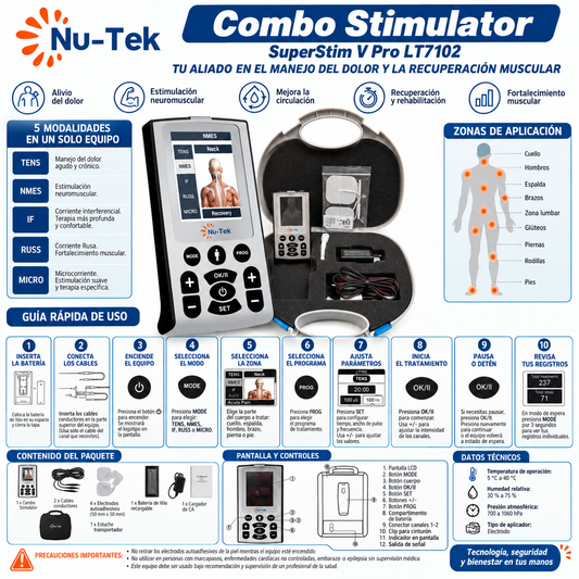 Electroestimulador portátil Super Stim V Pro 5 en 1 NUTEK Premium electroterapia