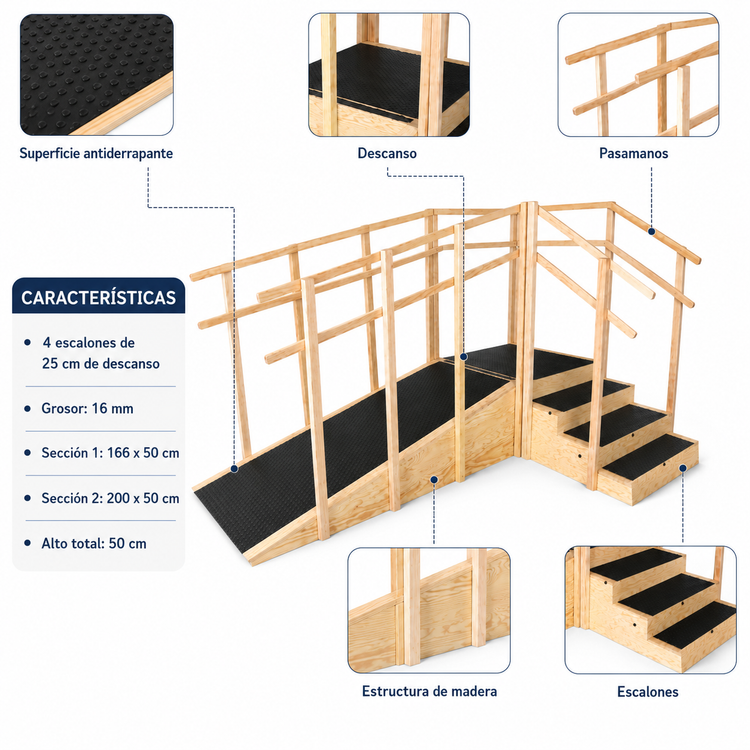 Rampa Terapéutica con Escalones y Pasamanos para Entrenamiento de Marcha