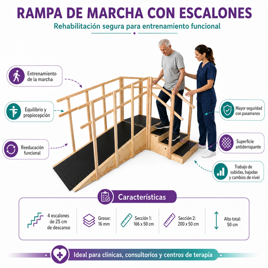 Rampa Terapéutica con Escalones y Pasamanos para Entrenamiento de Marcha