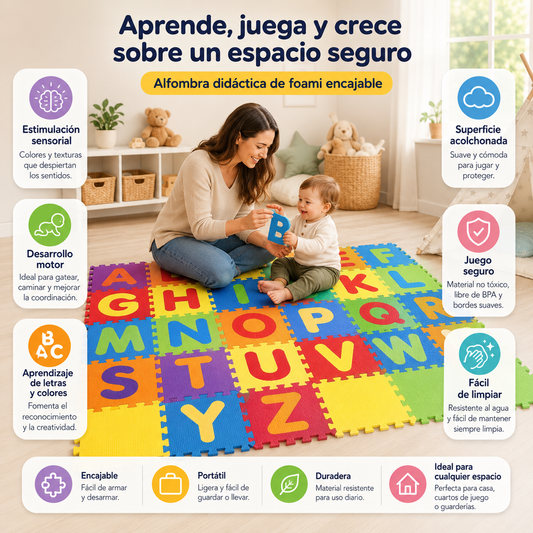 Tapete Infantil Didáctico de Foami EVA con Abecedario  26 Piezas Encastrables de 30 × 30 cm, Antideslizante y Acolchado