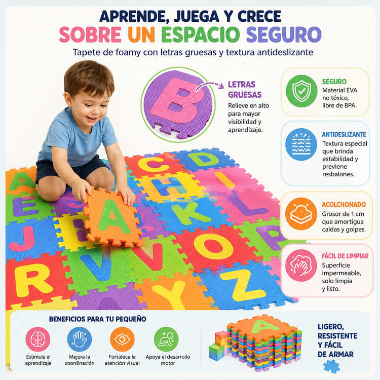 Tapete Infantil Didáctico de Foami EVA con Abecedario  26 Piezas Encastrables de 30 × 30 cm, Antideslizante y Acolchado