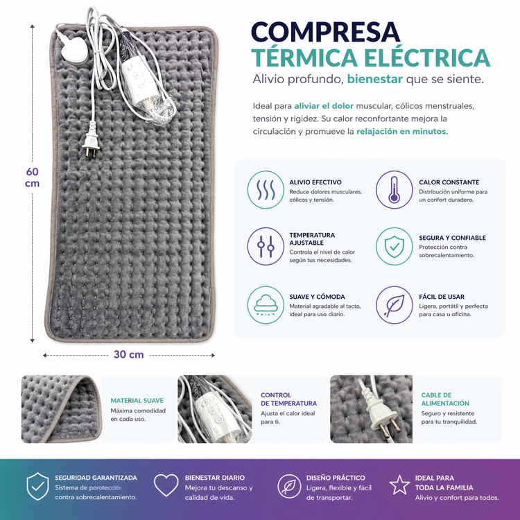 Compresa Térmica Eléctrica 60x30 cm | Alivio de Dolor Muscular y Relajación Profunda