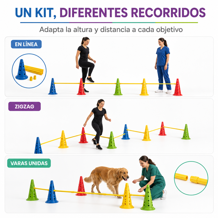 Kit de Conos De Obstáculos Cavaletti con Varas Extensibles para Fisioterapia y Agilidad