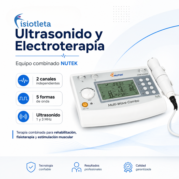 EQUIPO COMBINADO NUTEK DE DOS CANALES DE ELECTROSTIMULACION INDEPENDIENTES CON 5 FORMAS DE ONDA Y UN CANAL DE ULTRASONIDO