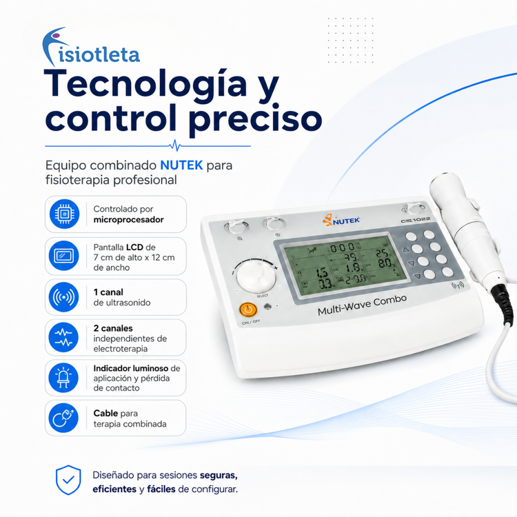 EQUIPO COMBINADO NUTEK DE DOS CANALES DE ELECTROSTIMULACION INDEPENDIENTES CON 5 FORMAS DE ONDA Y UN CANAL DE ULTRASONIDO