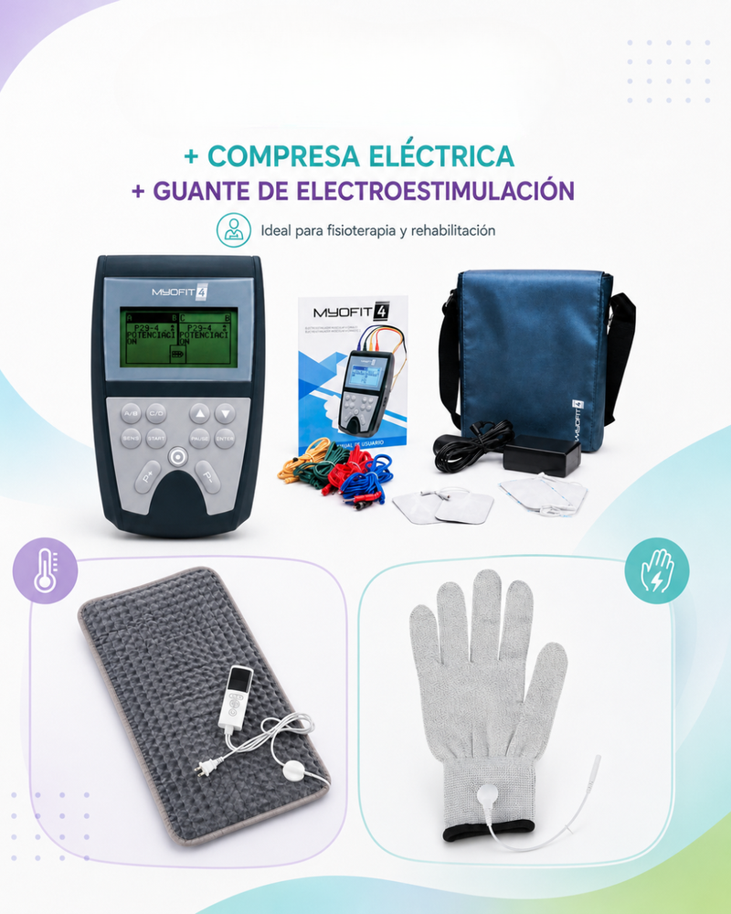 ELECTROESTIMULADOR MYOFIT 4 CON COMPRESA ELECTRICA Y GUANTE DE ELECTROESTIMULACIÓN