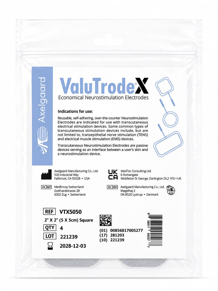 Electrodos ValuTrode Cuadrados 5 × 5 cm para TENS y EMS con Entrada Universal Paquete de 4 Piezas