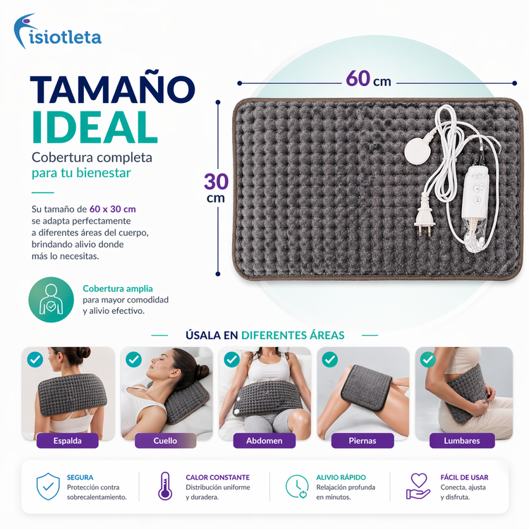 Compresa Térmica Eléctrica 60x30 cm | Alivio de Dolor Muscular y Relajación Profunda