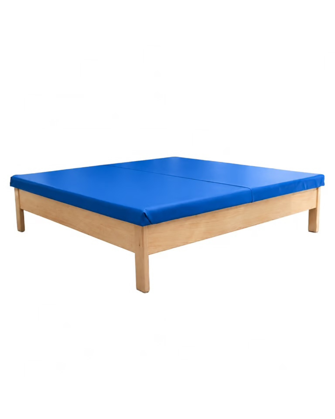 Cama Bobath fija de madera con colchón azul para fisioterapia y rehabilitación profesional