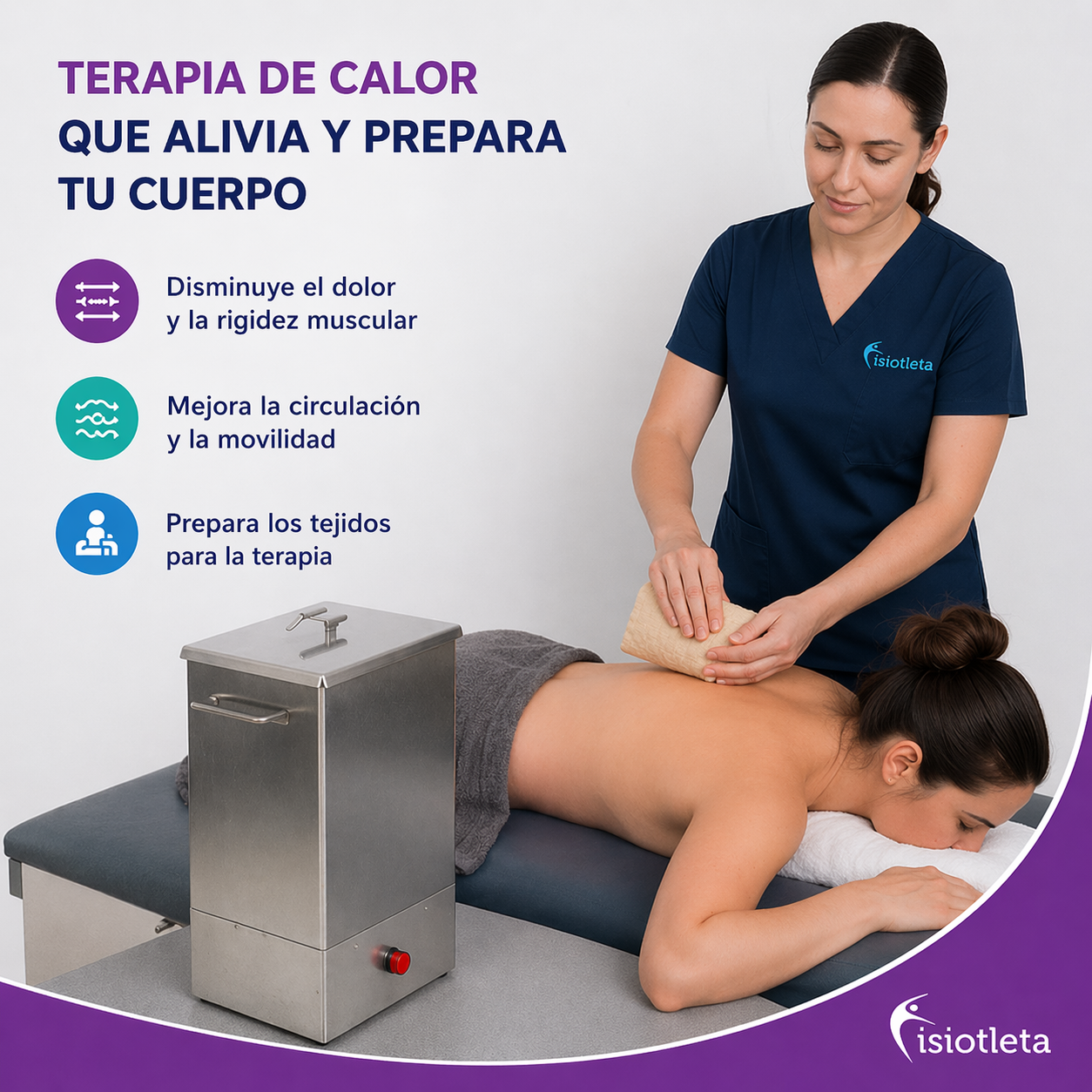 Equipo de termoterapia que mejora circulación y reduce dolor muscular en rehabilitación física